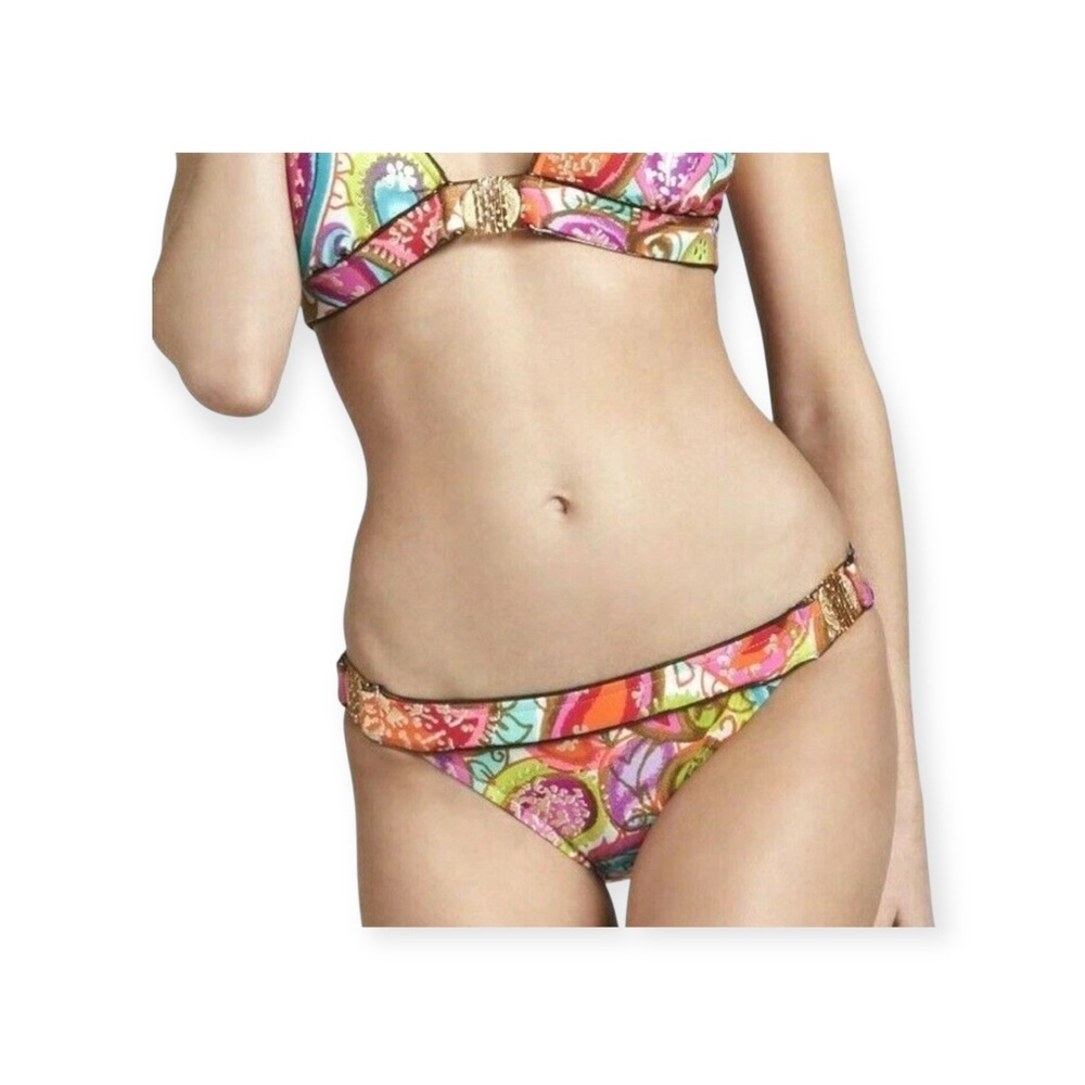 Trina Turk 𖣴 Izu Island Paisley Metallic Gold Hardware Buckle Bikini Bottom 𖣴 10